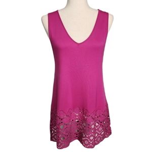 Design 365 Embroidered Flower Cut-Out Hem Long Stretchy Viscose Tank Fuchsia M